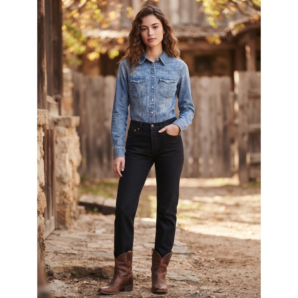 Levis Denim Western Shirt Snap Front Long Sleeve Pearl Snap Chambray Blue